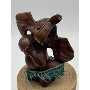 Vintage 6” Wood Carved Hawaiian Dancing Elephant in Hula Skirt Figurine